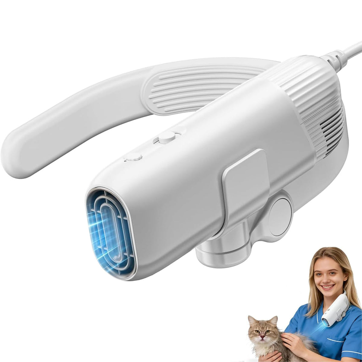 Neck Pet Dryer, 1400W Hands-Free Dog Hair Dryer with 110000RPM Brushless Motor, 3 Speeds & 3 Heat Settings, Self-Cleaning Blow Dryer for Dogs & Cats white