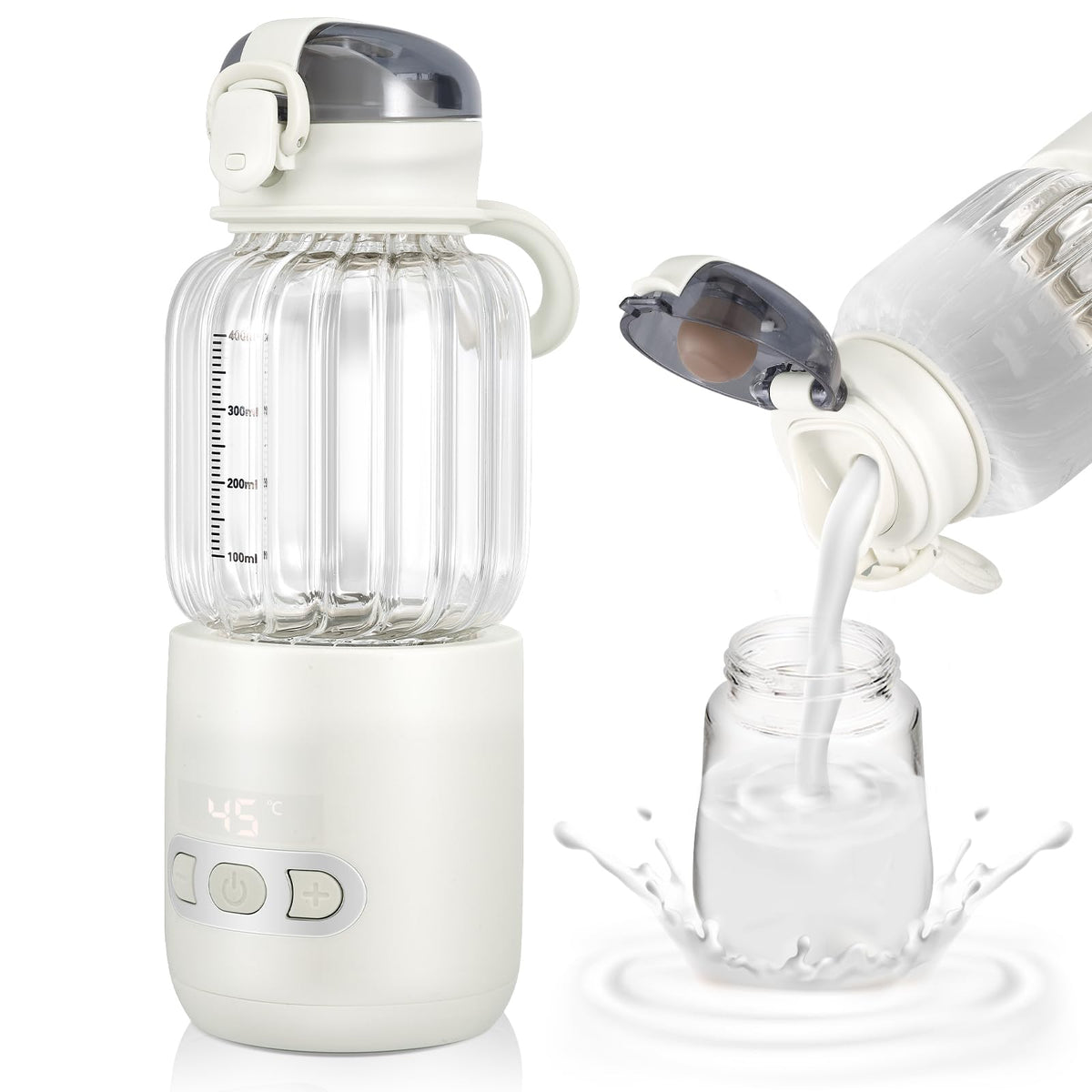 Portable Baby Bottle Warmer 400 ml, Bottle Warmer Baby On the Go Adjustable Temperature from 37 °C to 55 °C, Quick Heating and Accurate Temperature Control, Rechargeable via USB for Travel (01)
