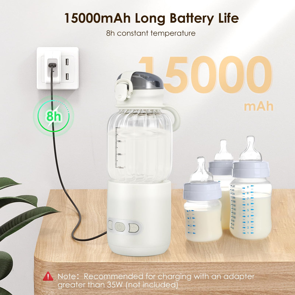Portable Baby Bottle Warmer 400 ml, Bottle Warmer Baby On the Go Adjustable Temperature from 37 °C to 55 °C, Quick Heating and Accurate Temperature Control, Rechargeable via USB for Travel (01)
