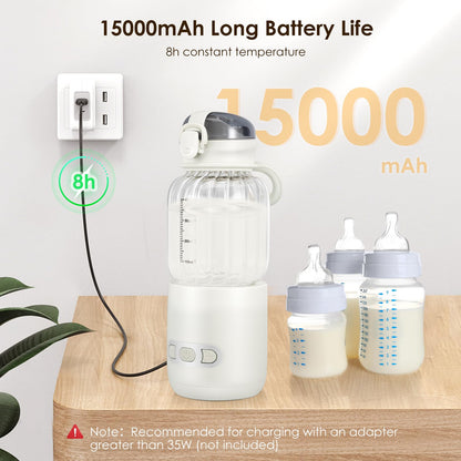 Portable Baby Bottle Warmer 400 ml, Bottle Warmer Baby On the Go Adjustable Temperature from 37 °C to 55 °C, Quick Heating and Accurate Temperature Control, Rechargeable via USB for Travel (01)