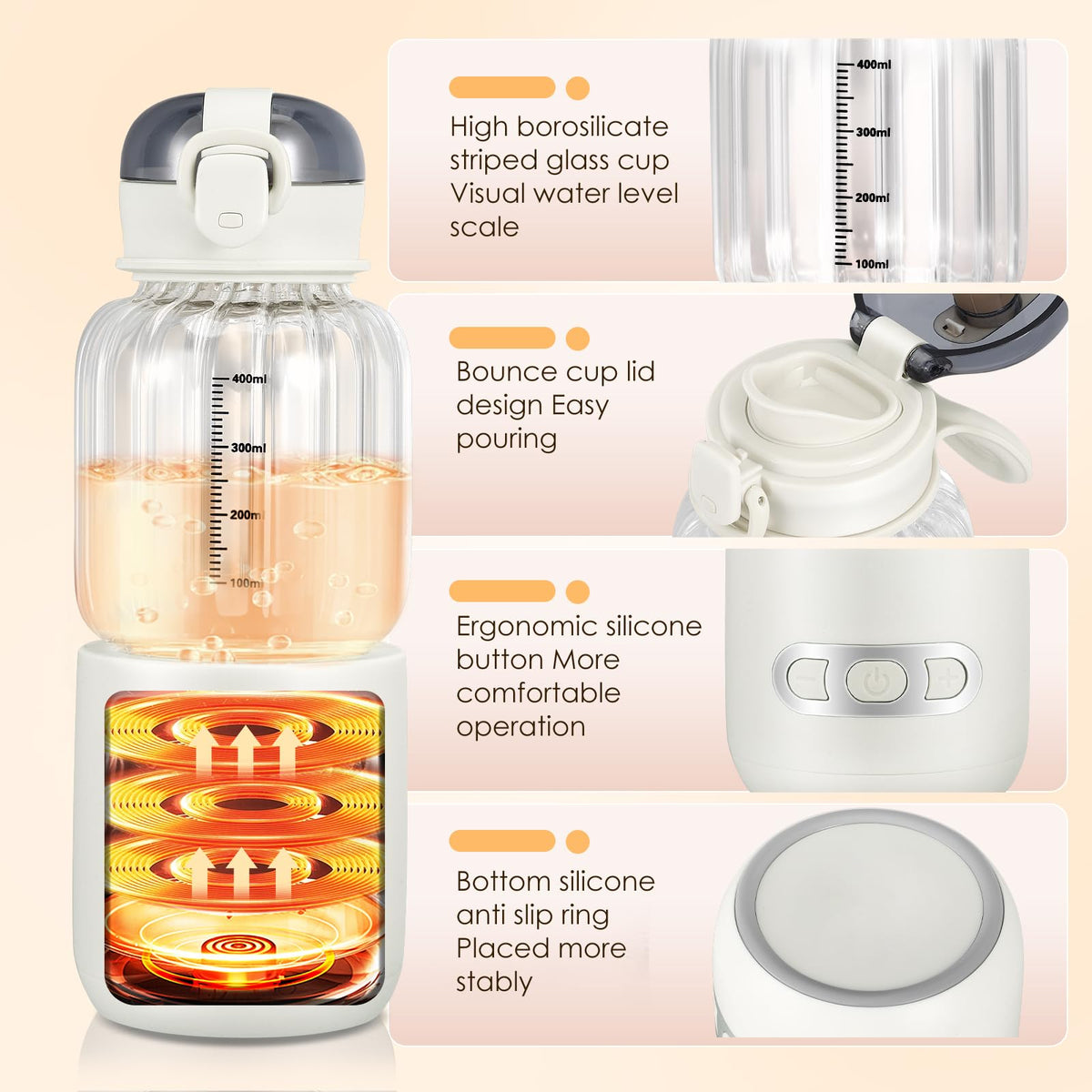 Portable Baby Bottle Warmer 400 ml, Bottle Warmer Baby On the Go Adjustable Temperature from 37 °C to 55 °C, Quick Heating and Accurate Temperature Control, Rechargeable via USB for Travel (01)