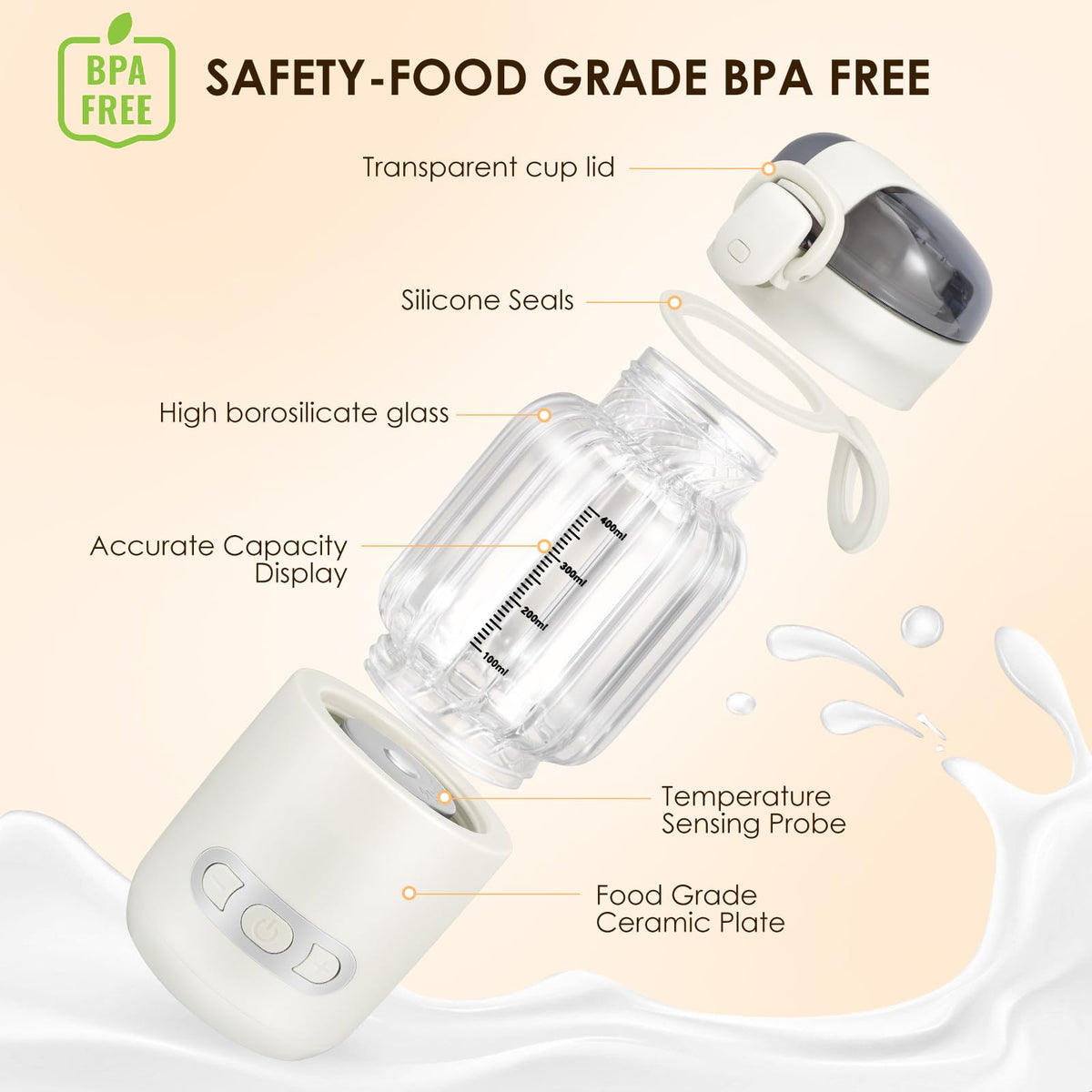 Portable Baby Bottle Warmer 400 ml, Bottle Warmer Baby On the Go Adjustable Temperature from 37 °C to 55 °C, Quick Heating and Accurate Temperature Control, Rechargeable via USB for Travel (01)