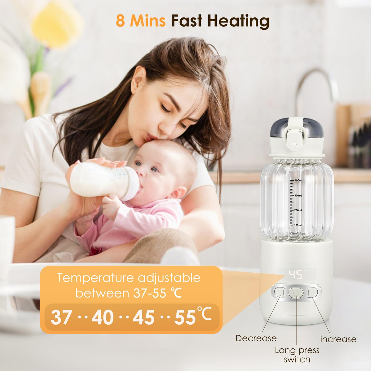 Portable Baby Bottle Warmer 400 ml, Bottle Warmer Baby On the Go Adjustable Temperature from 37 °C to 55 °C, Quick Heating and Accurate Temperature Control, Rechargeable via USB for Travel (01)