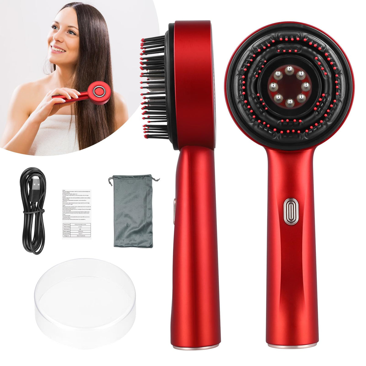 3 in 1 Electric Scalp Massaging Brush with IPX7 Waterproof,Cordless Red Light Hair Massager,Scalp Massage Comb,Hair Oil Applicator,Massager for Stimulates Hair Growth(Red)