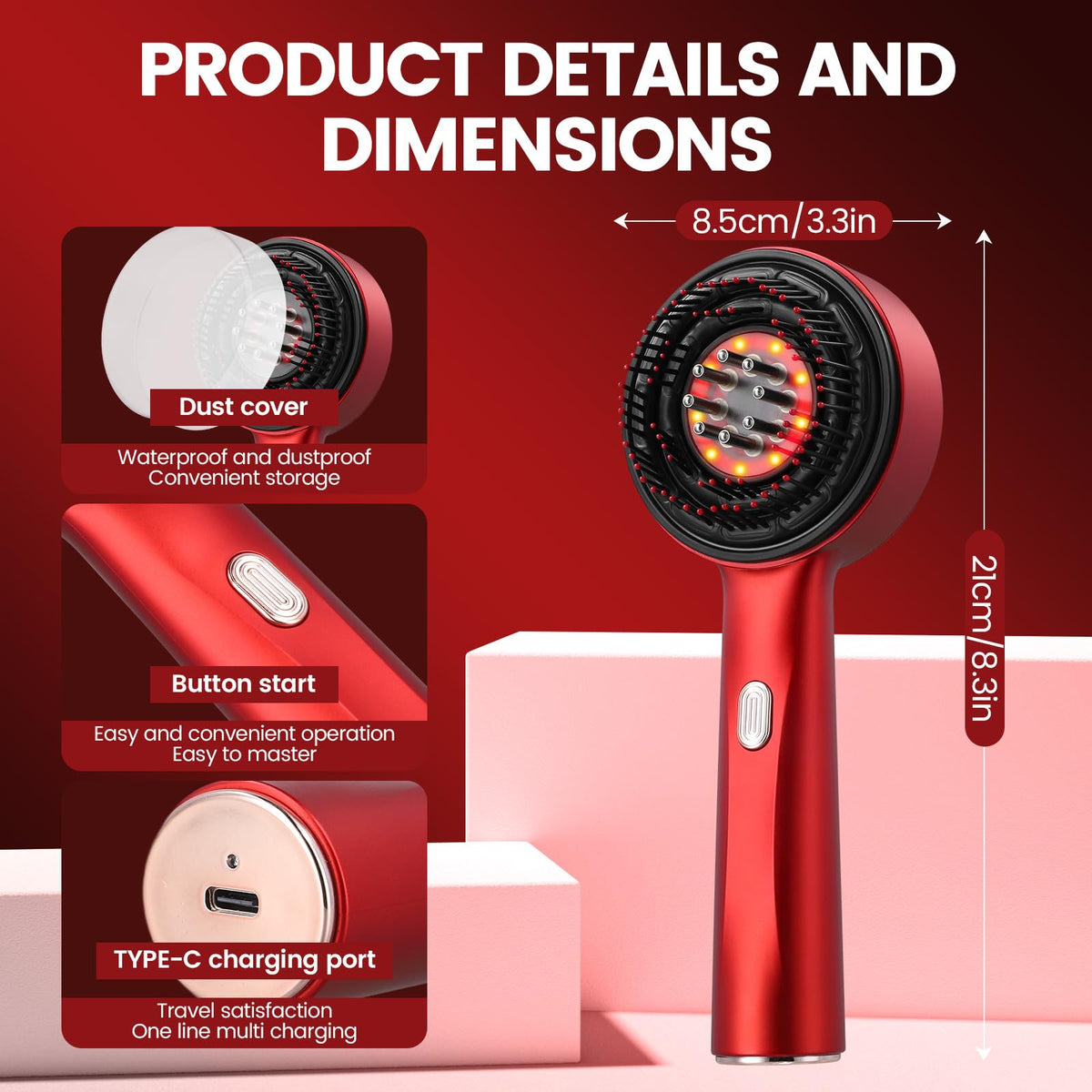 3 in 1 Electric Scalp Massaging Brush with IPX7 Waterproof,Cordless Red Light Hair Massager,Scalp Massage Comb,Hair Oil Applicator,Massager for Stimulates Hair Growth(Red)
