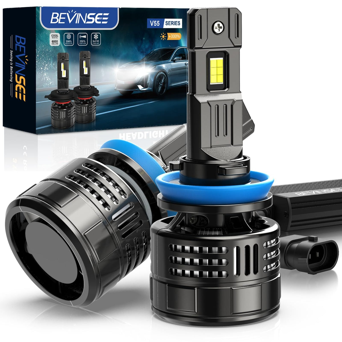Bevinsee V55 H11 LED Headlight Bulbs, 28000LM 700% Brighter H8 H9 LED Headlight Low and High Beam, 6000K Cool White LED Conversion Kit with 3rd-Gen VC Cooling Tech, Halogen Replacement, Pack of 2