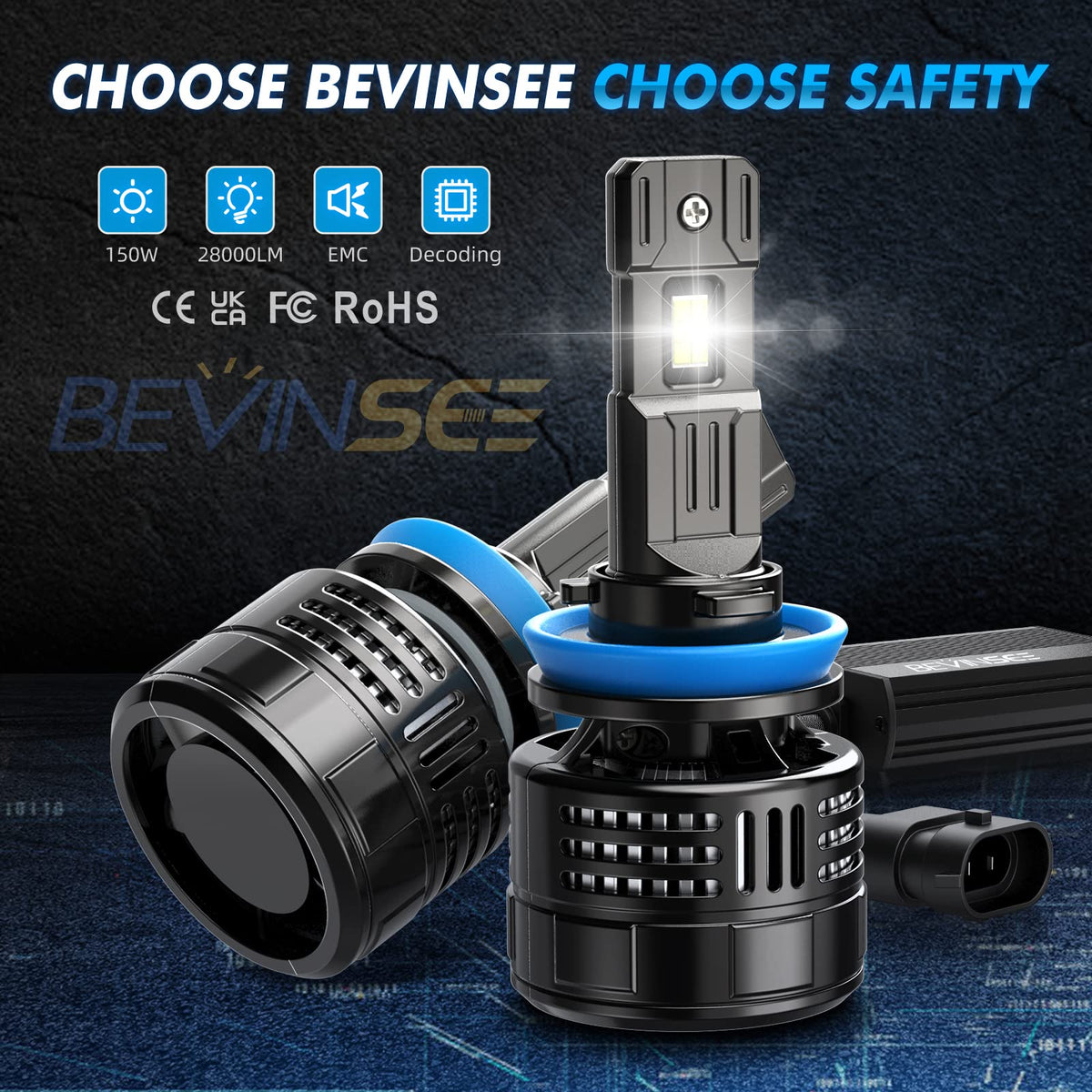 Bevinsee V55 H11 LED Headlight Bulbs, 28000LM 700% Brighter H8 H9 LED Headlight Low and High Beam, 6000K Cool White LED Conversion Kit with 3rd-Gen VC Cooling Tech, Halogen Replacement, Pack of 2