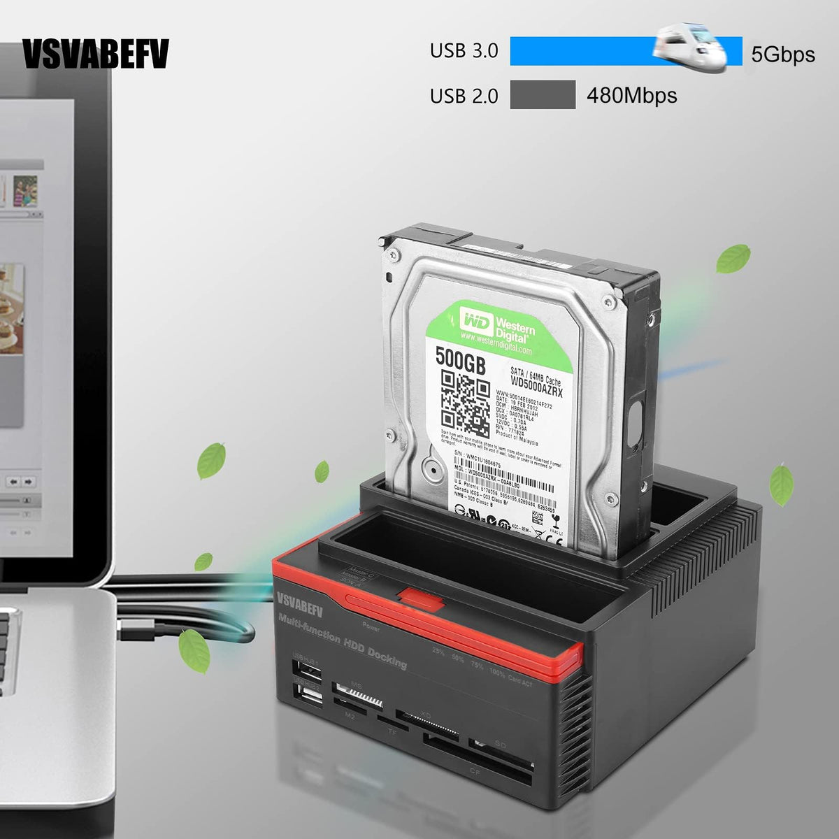 IDE Hard Drive HDD Docking Station Hard Drive Dock Reader, 2.5 and 3.5 Inch External Hard Drive Enclosure, External HDD Hard Drive Card Reader USB 3.0 Hub, USB 3.0 to 2 SATA Ports 1 IDE Port