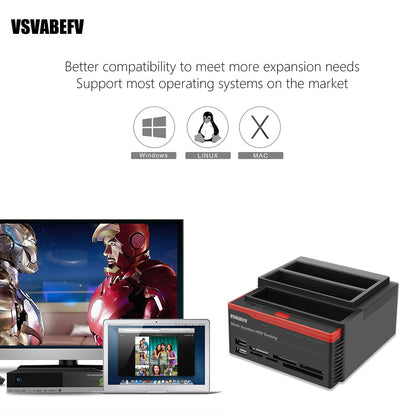 IDE Hard Drive HDD Docking Station Hard Drive Dock Reader, 2.5 and 3.5 Inch External Hard Drive Enclosure, External HDD Hard Drive Card Reader USB 3.0 Hub, USB 3.0 to 2 SATA Ports 1 IDE Port