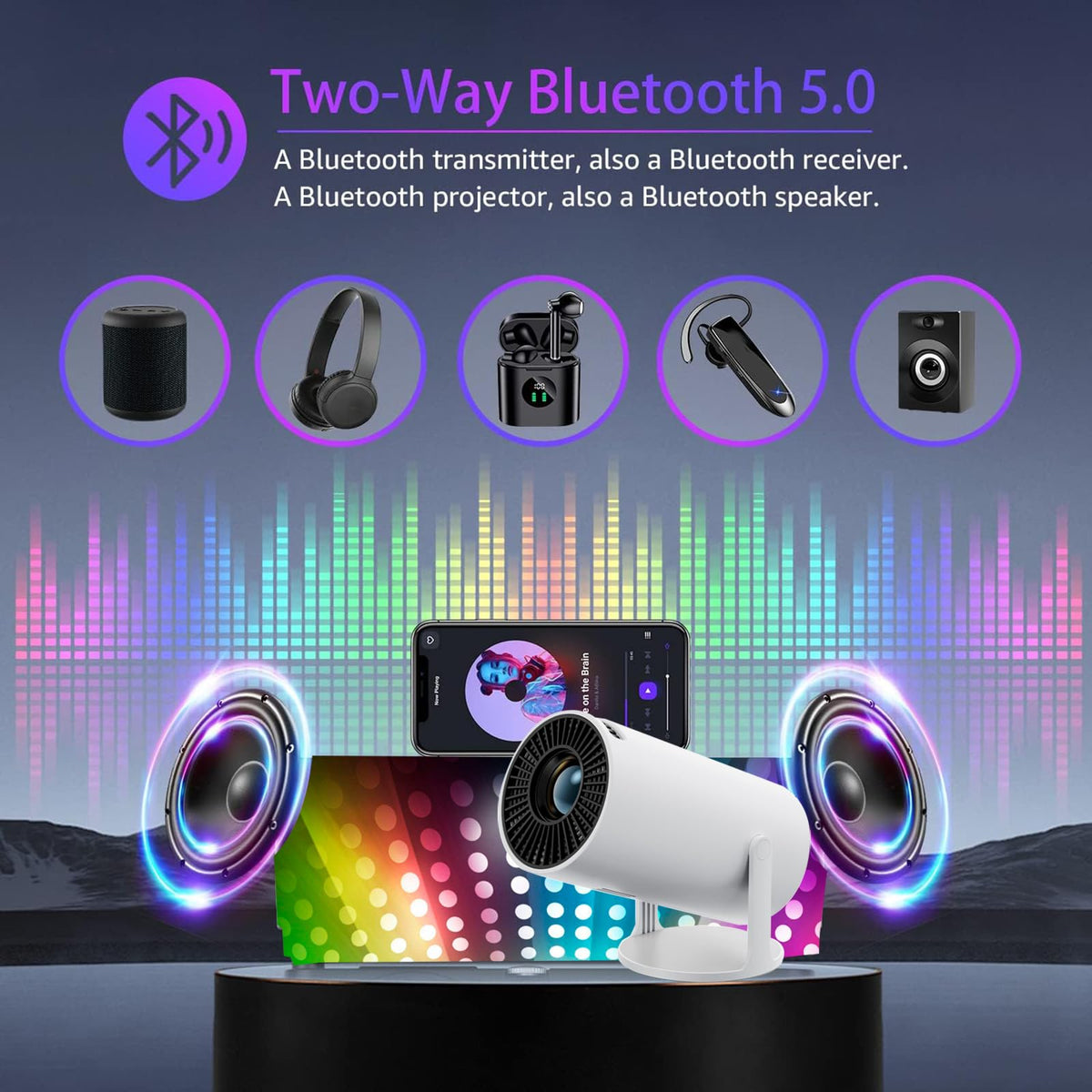 HY300 Projector with WIFI6 & Bluetooth, Supports 4K/1080P, Android TV 11.0, Mini Portable 180° Rotatable, Auto Keystone, for Laptop/PC/Smartphone