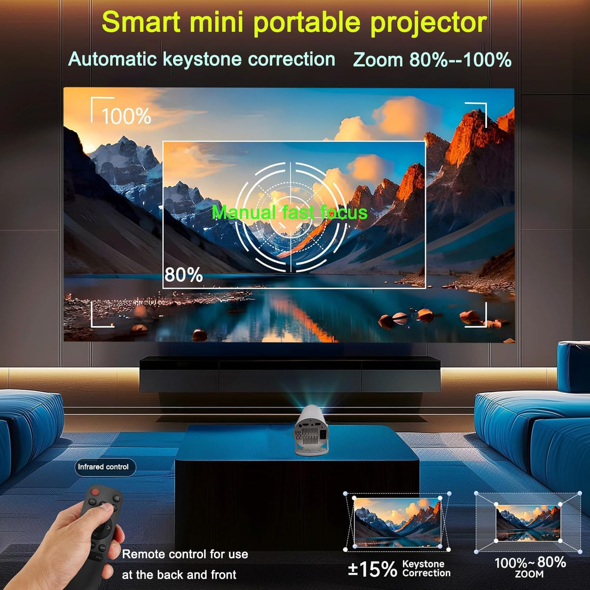 HY300 Projector with WIFI6 & Bluetooth, Supports 4K/1080P, Android TV 11.0, Mini Portable 180° Rotatable, Auto Keystone, for Laptop/PC/Smartphone