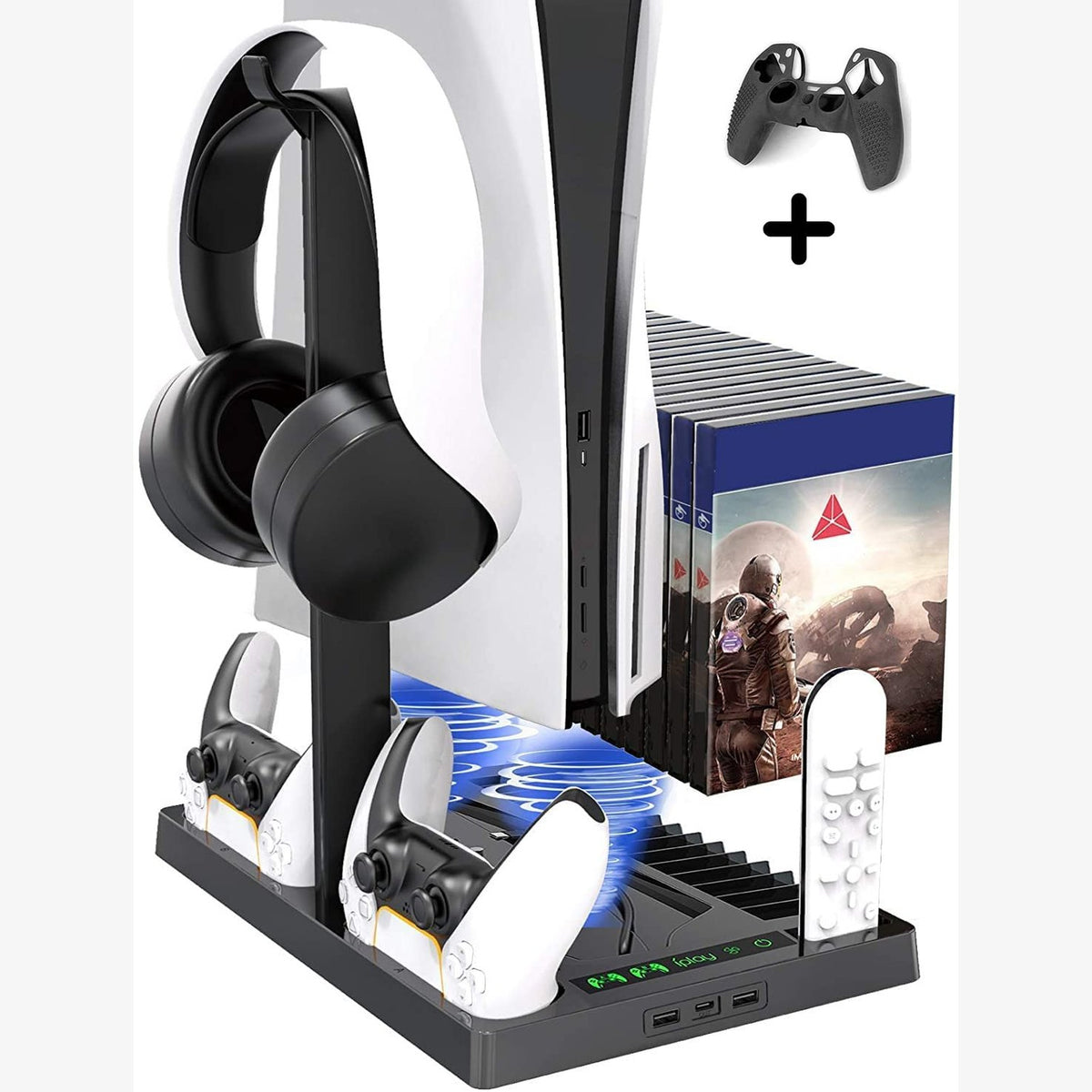 OIVO Vertical stand with cooling fanbase for PS5 Console and controllers with Headset stand, charger, game disc slot and organizer Black.
