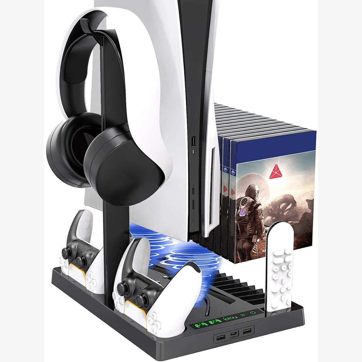 OIVO Vertical stand with cooling fanbase for PS5 Console and controllers with Headset stand, charger, game disc slot and organizer Black.