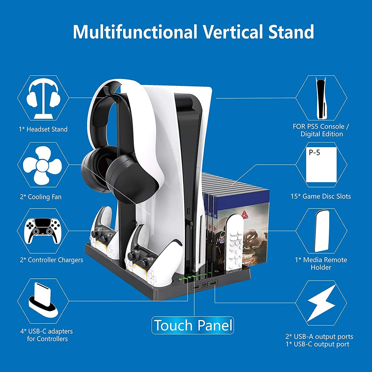 OIVO Vertical stand with cooling fanbase for PS5 Console and controllers with Headset stand, charger, game disc slot and organizer Black.