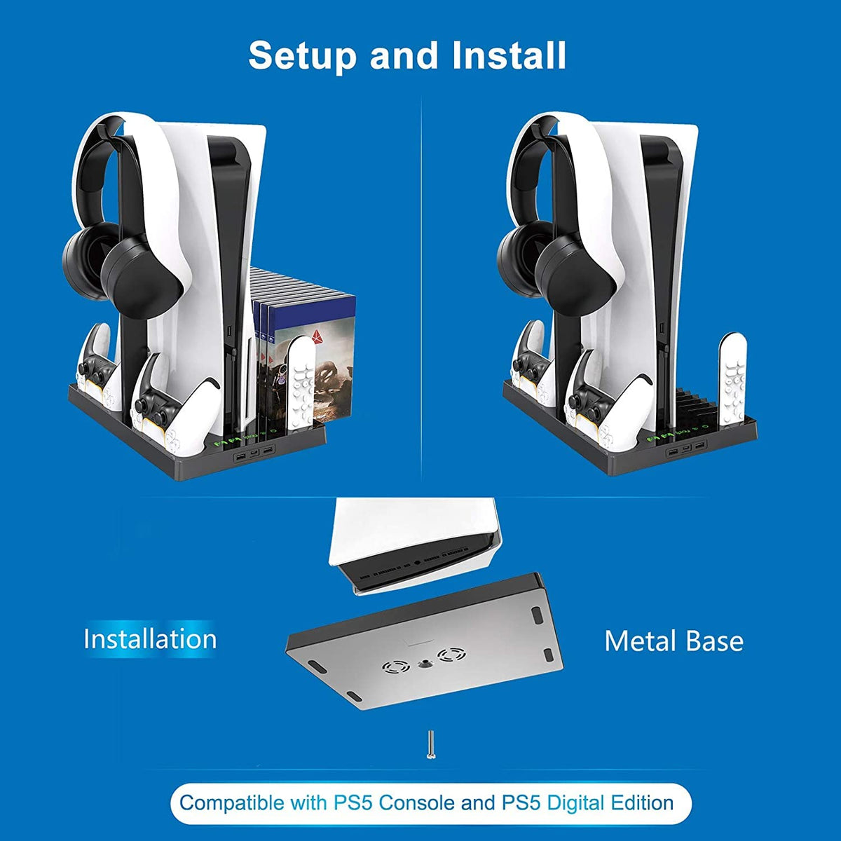 OIVO Vertical stand with cooling fanbase for PS5 Console and controllers with Headset stand, charger, game disc slot and organizer Black.