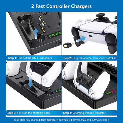 OIVO Vertical stand with cooling fanbase for PS5 Console and controllers with Headset stand, charger, game disc slot and organizer Black.