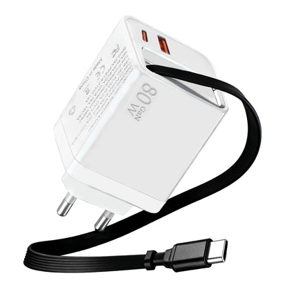 USB C Charger 80W 3 in 1 with Retractable Cable Compact GAN Charger with 2 USB-C Ports PD3.0 Quick Charge Lightweight for MacBook iPhone 17 Pro MAX 16 Pro 15 iPad Galaxy S25 S24 Switch Laptop