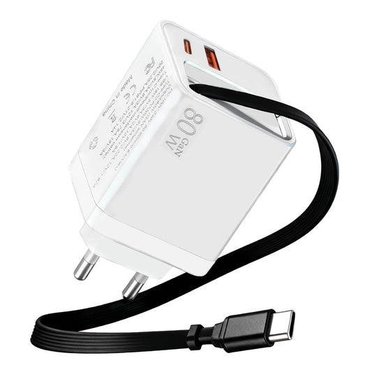 USB C Charger 80W 3 in 1 with Retractable Cable Compact GAN Charger with 2 USB-C Ports PD3.0 Quick Charge Lightweight for MacBook iPhone 17 Pro MAX 16 Pro 15 iPad Galaxy S25 S24 Switch Laptop