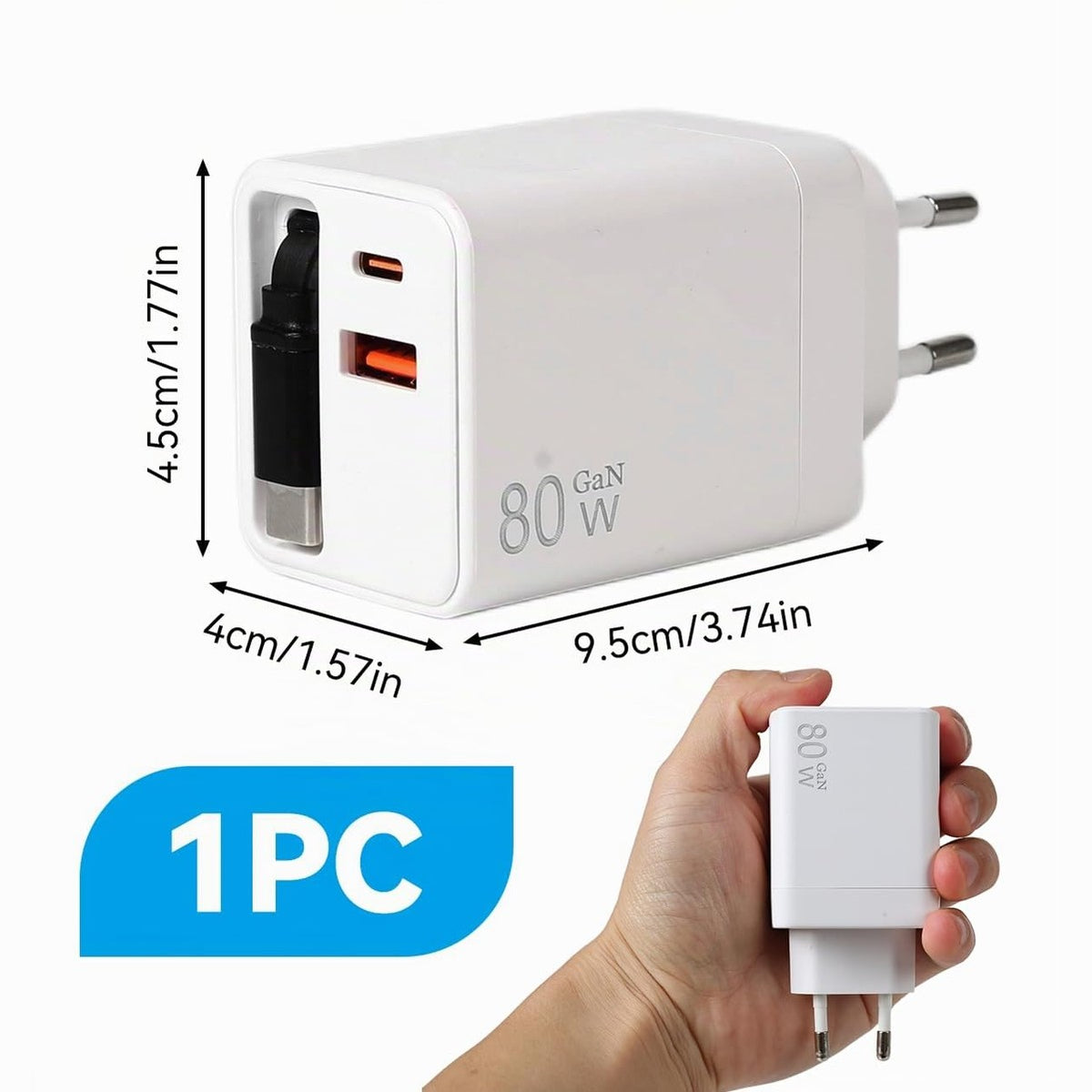 USB C Charger 80W 3 in 1 with Retractable Cable Compact GAN Charger with 2 USB-C Ports PD3.0 Quick Charge Lightweight for MacBook iPhone 17 Pro MAX 16 Pro 15 iPad Galaxy S25 S24 Switch Laptop