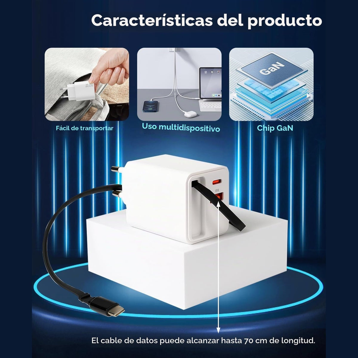 USB C Charger 80W 3 in 1 with Retractable Cable Compact GAN Charger with 2 USB-C Ports PD3.0 Quick Charge Lightweight for MacBook iPhone 17 Pro MAX 16 Pro 15 iPad Galaxy S25 S24 Switch Laptop