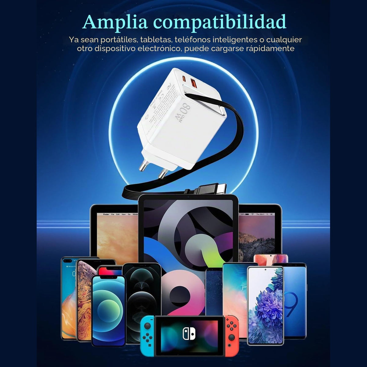 USB C Charger 80W 3 in 1 with Retractable Cable Compact GAN Charger with 2 USB-C Ports PD3.0 Quick Charge Lightweight for MacBook iPhone 17 Pro MAX 16 Pro 15 iPad Galaxy S25 S24 Switch Laptop