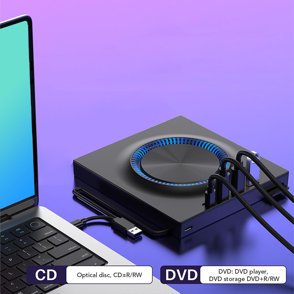 Diyeeni External CD DVD Drive, USB 3.0 Type C Portable Optical Drive with 3 USB A Ports and Card Reader, Compatible with Mac Linux, for Laptop Desktop Ultrabook