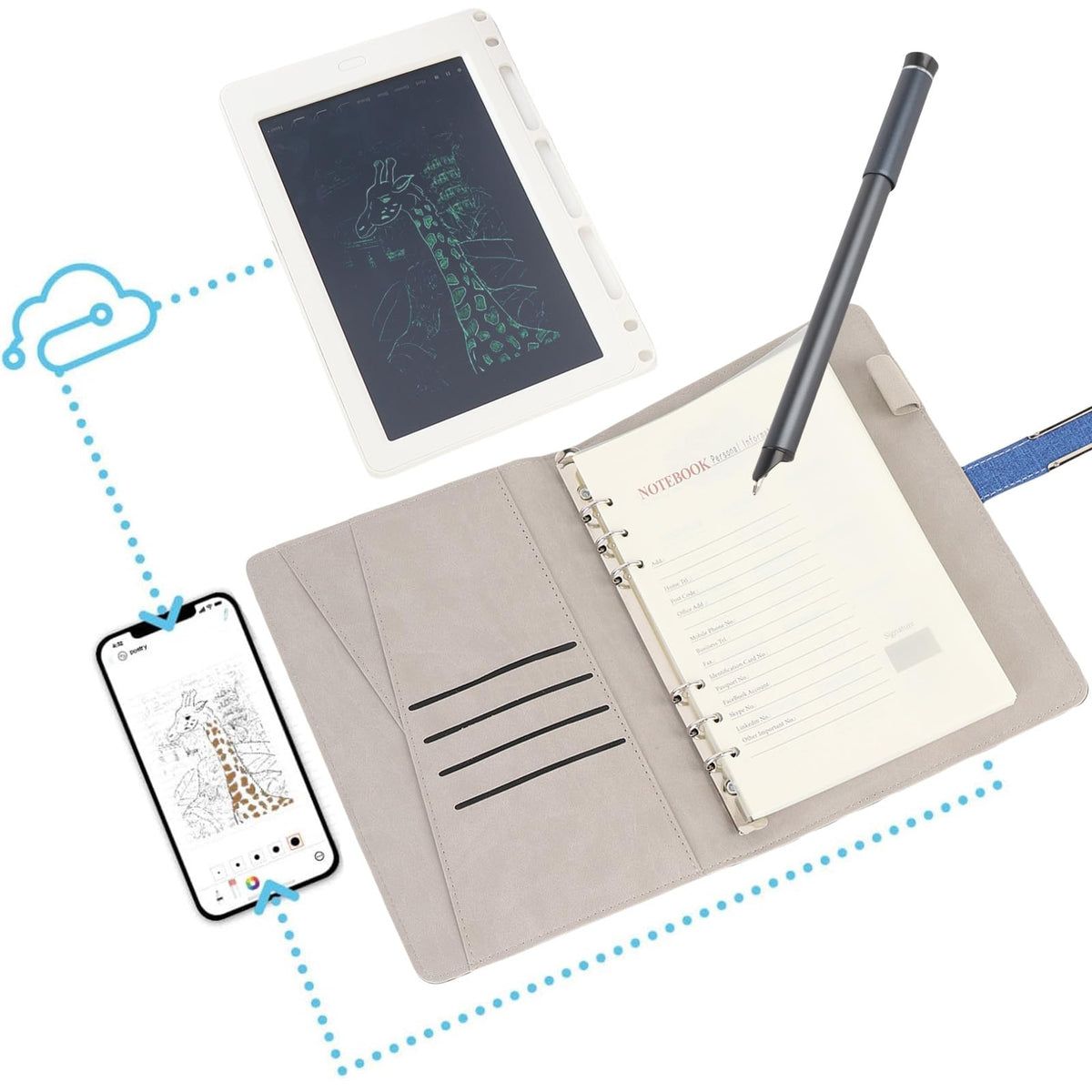 Digital Smart Pen Notebook and Writing Board Set, Digital Notebook with Smart Pen, Bluetooth Wireless Paper with Real Time Sync for Digitizing, Storing and Sharing Paper Notes (Blue)