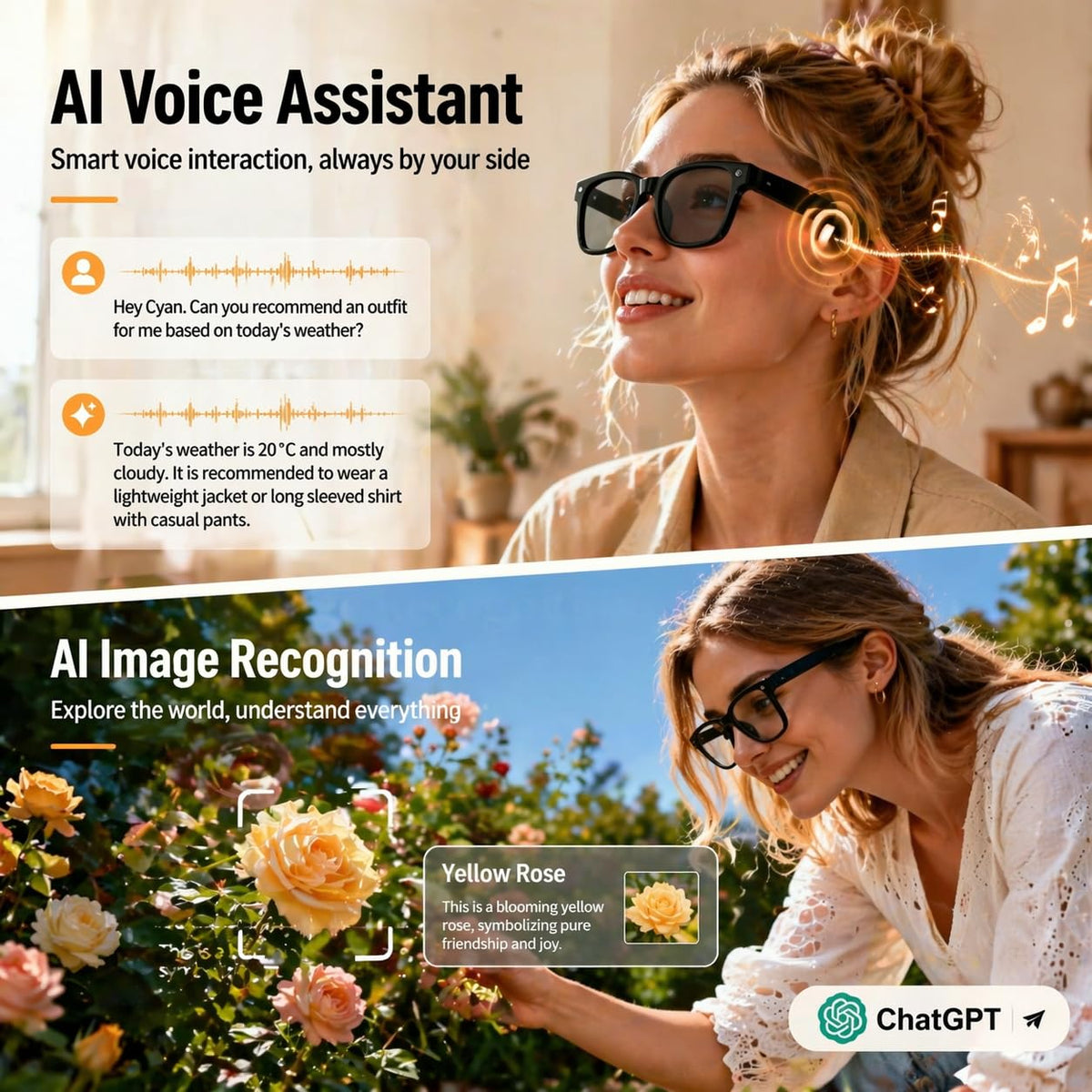 AI Smart Glasses with 8MP 4K Camera Glasses, 2026 1200P Video Recording Glasses for Women & Men, 139 Languages Real-Time Translation, Voice Assistant, Open-Ear Audio for Travel, Meetings & Vlogging