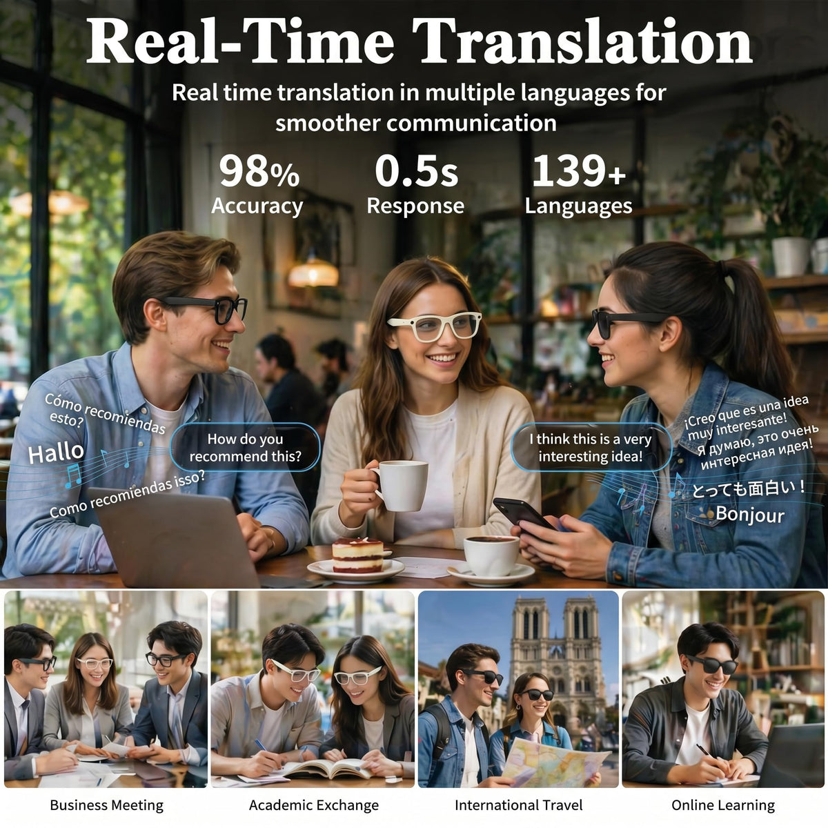 AI Smart Glasses with 8MP 4K Camera Glasses, 2026 1200P Video Recording Glasses for Women & Men, 139 Languages Real-Time Translation, Voice Assistant, Open-Ear Audio for Travel, Meetings & Vlogging