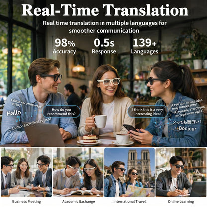 AI Smart Glasses with 8MP 4K Camera Glasses, 2026 1200P Video Recording Glasses for Women & Men, 139 Languages Real-Time Translation, Voice Assistant, Open-Ear Audio for Travel, Meetings & Vlogging