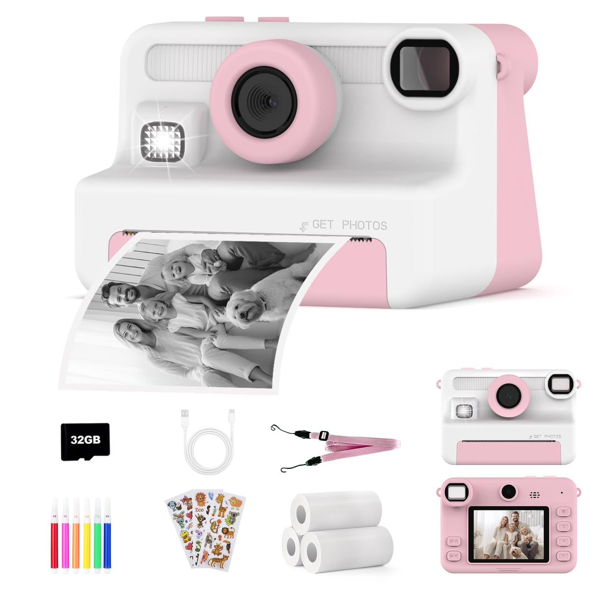 Now Kids Camera Instant Print, 1080P Video, Children Christmas Birthday Gifts for Girls Age 3-12, Toddler Print Digital Camera Toy for 4 5 6 7 8 9 10 11 Years Old with 32GB Card,6 pens