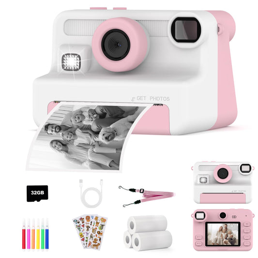 Now Kids Camera Instant Print, 1080P Video, Children Christmas Birthday Gifts for Girls Age 3-12, Toddler Print Digital Camera Toy for 4 5 6 7 8 9 10 11 Years Old with 32GB Card,6 pens