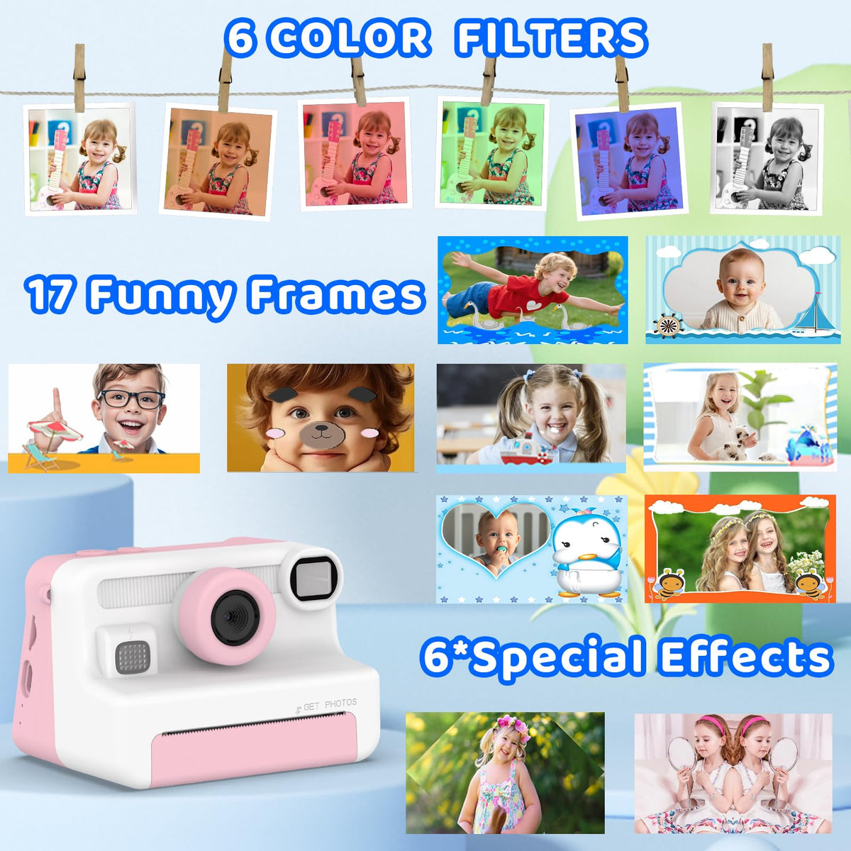 Now Kids Camera Instant Print, 1080P Video, Children Christmas Birthday Gifts for Girls Age 3-12, Toddler Print Digital Camera Toy for 4 5 6 7 8 9 10 11 Years Old with 32GB Card,6 pens