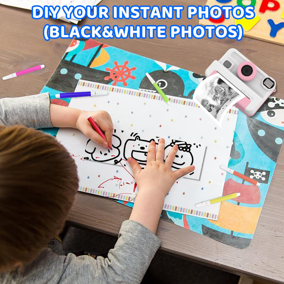 Now Kids Camera Instant Print, 1080P Video, Children Christmas Birthday Gifts for Girls Age 3-12, Toddler Print Digital Camera Toy for 4 5 6 7 8 9 10 11 Years Old with 32GB Card,6 pens