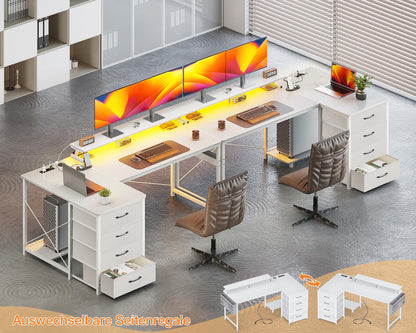 ODK Corner Desk with 4 Fabric Drawers, Reversible Desk L Shape with 2 Sockets and 2 USB Charging Ports, Gaming Table L Shape with LED & Monitor Stand for Home Office (White, 140 x 80 x 85.9 cm)