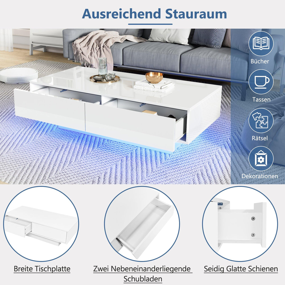 TIZZ Modern High Gloss Coffee Table with 2 Drawers LED Lighting and 30kg Load Capacity - Elegant Living Room Table 115 x 55 x 34 cm (White)