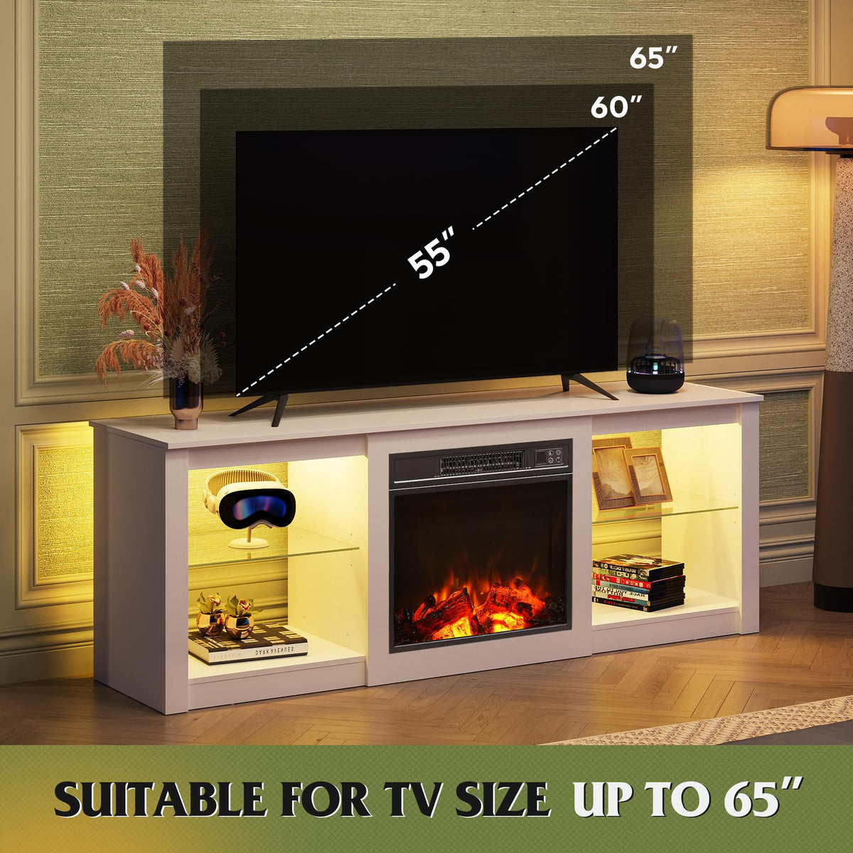 WLIVE 58 Inches Fireplace TV Stand with LED Lights, Modern Entertainment Center with 18'' Electric Fireplace & Adjustable Glass Shelves, Sturdy Media Console for Living Room, Bedroom (White)