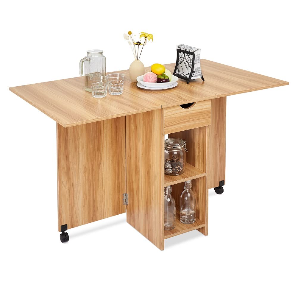Mondeer Folding Dining Table with Drawer and Shelves, Red Oak