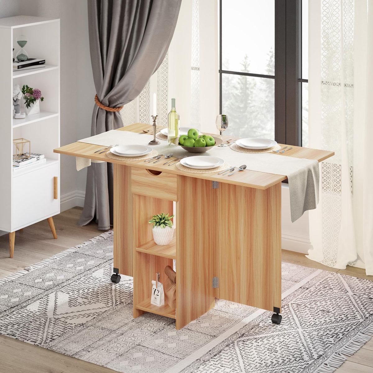 Mondeer Folding Dining Table with Drawer and Shelves, Red Oak