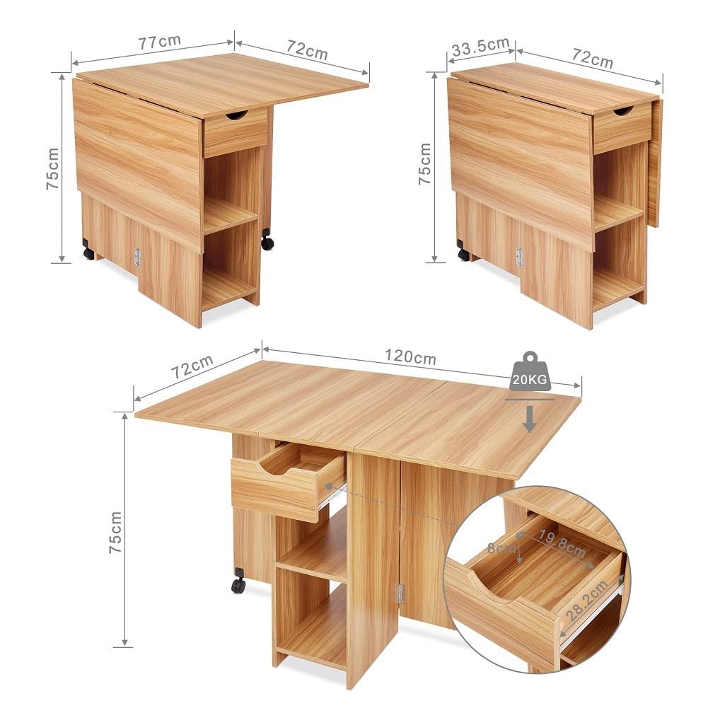 Mondeer Folding Dining Table with Drawer and Shelves, Red Oak