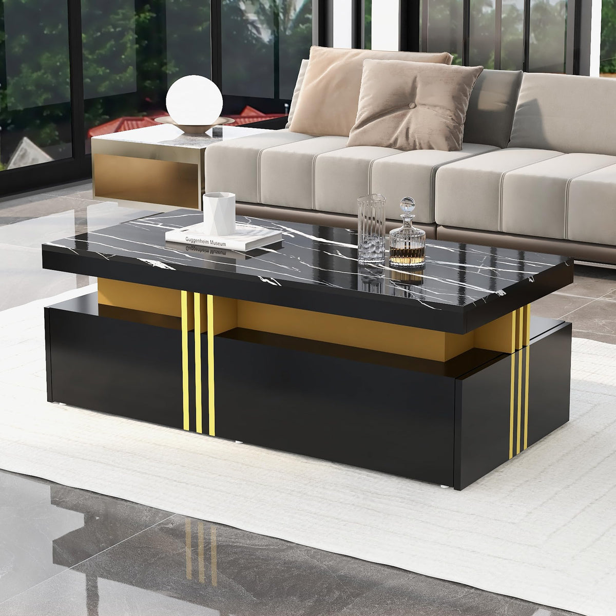 REXO Modern Marble Table with Glossy Top for Living Room (Black, 100 x 50 x 40 cm)