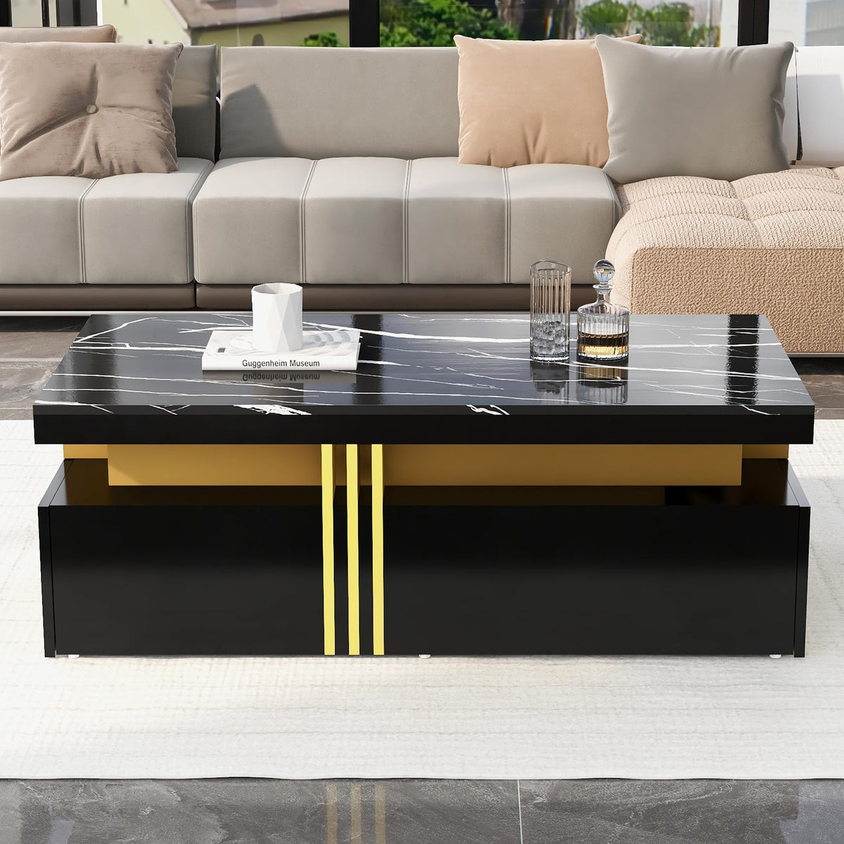 REXO Modern Marble Table with Glossy Top for Living Room (Black, 100 x 50 x 40 cm)