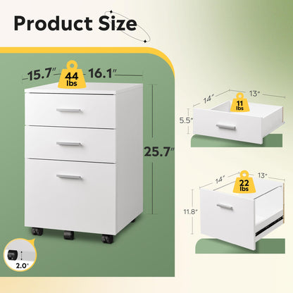 DEVAISE 3 Drawer Wood File Cabinet, Under Desk Filing Cabinet, White