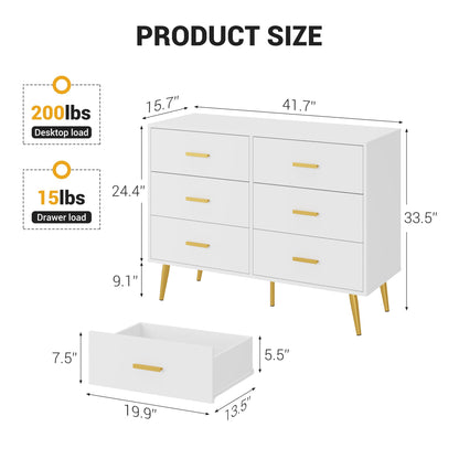 IDEALHOUSE 6 Drawer Dresser, Chest of Drawers with Gold Handles, White