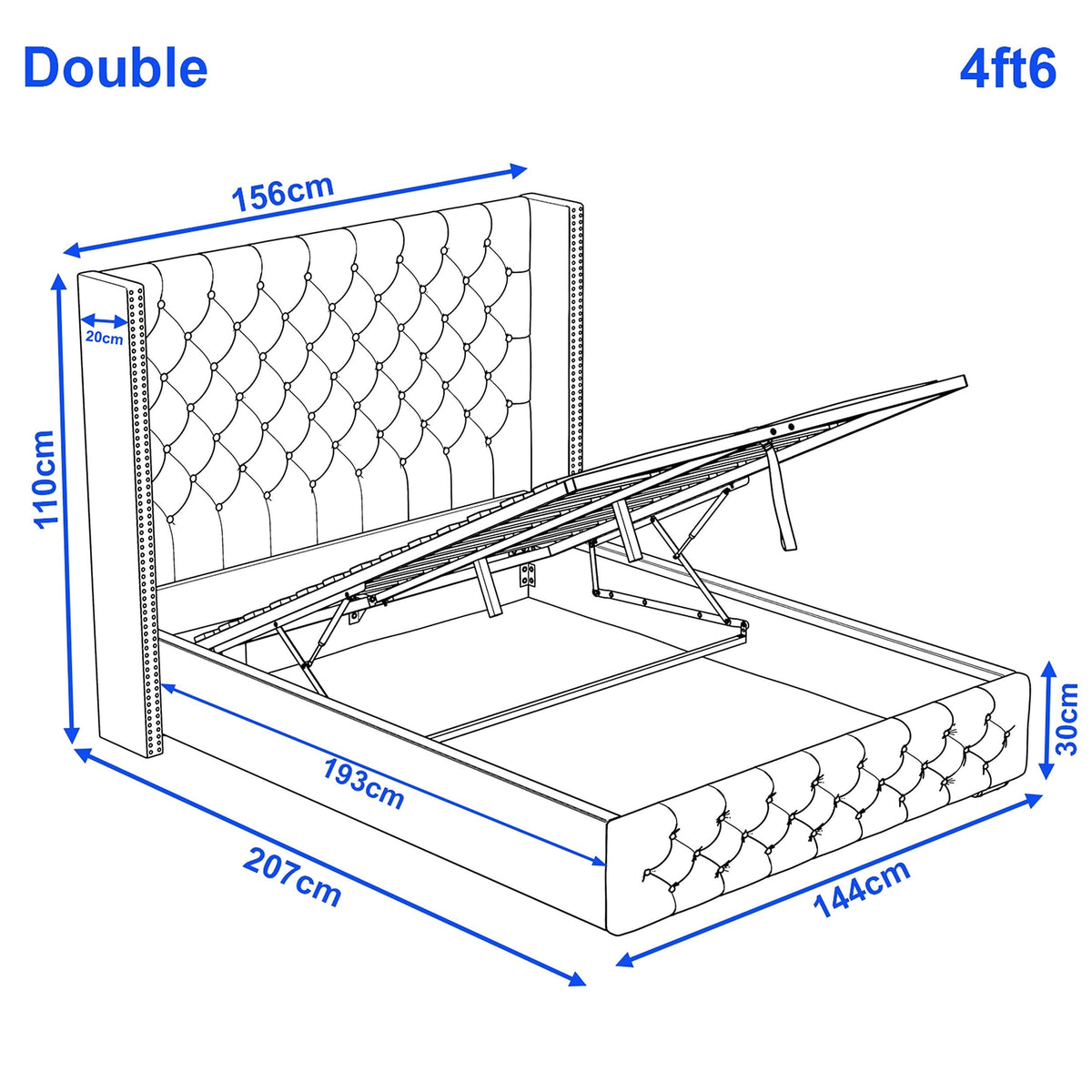 Blisswood Double Ottoman Bed Frame, 4ft6 Velvet Upholstered Wingback Bed with Deep Button Tufted Headboard & Footboard, Gas Lift End Opening Storage, Space Saving Under Bed Storage Wooden Slats, Grey