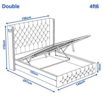 Blisswood Double Ottoman Bed Frame, 4ft6 Velvet Upholstered Wingback Bed with Deep Button Tufted Headboard & Footboard, Gas Lift End Opening Storage, Space Saving Under Bed Storage Wooden Slats, Grey