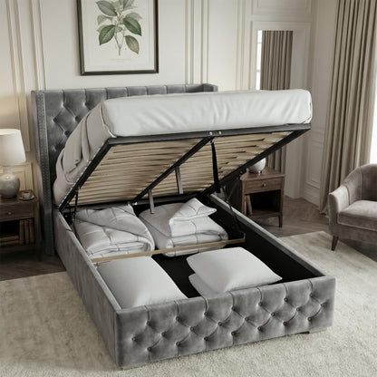 Blisswood Double Ottoman Bed Frame, 4ft6 Velvet Upholstered Wingback Bed with Deep Button Tufted Headboard & Footboard, Gas Lift End Opening Storage, Space Saving Under Bed Storage Wooden Slats, Grey