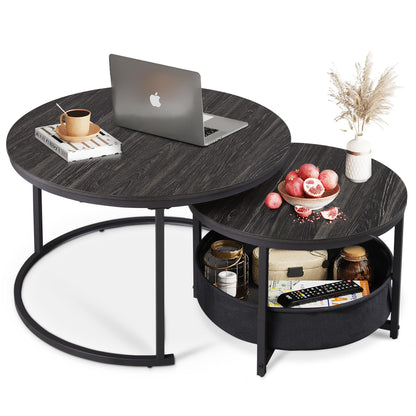 WLIVE Round Coffee Table, Set of 2, Side Tables with Fabric Basket, Nesting Tables, Living Room Table with Metal Frame and Wooden Top, Sofa Table for Living Room, Balcony (Charcoal Black)