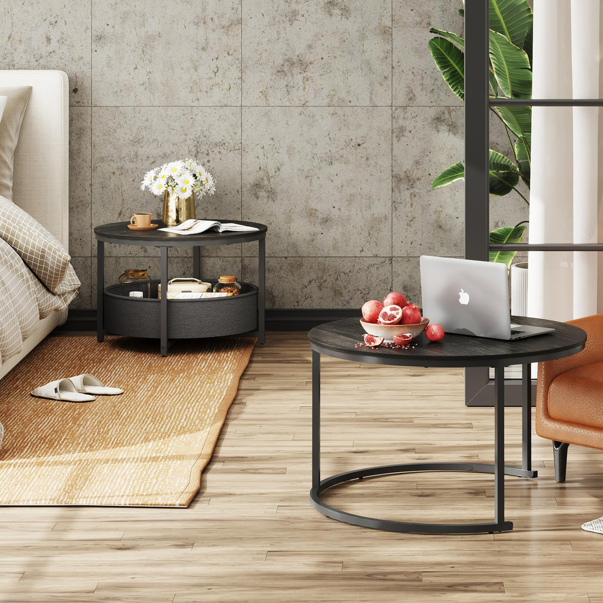 WLIVE Round Coffee Table, Set of 2, Side Tables with Fabric Basket, Nesting Tables, Living Room Table with Metal Frame and Wooden Top, Sofa Table for Living Room, Balcony (Charcoal Black)