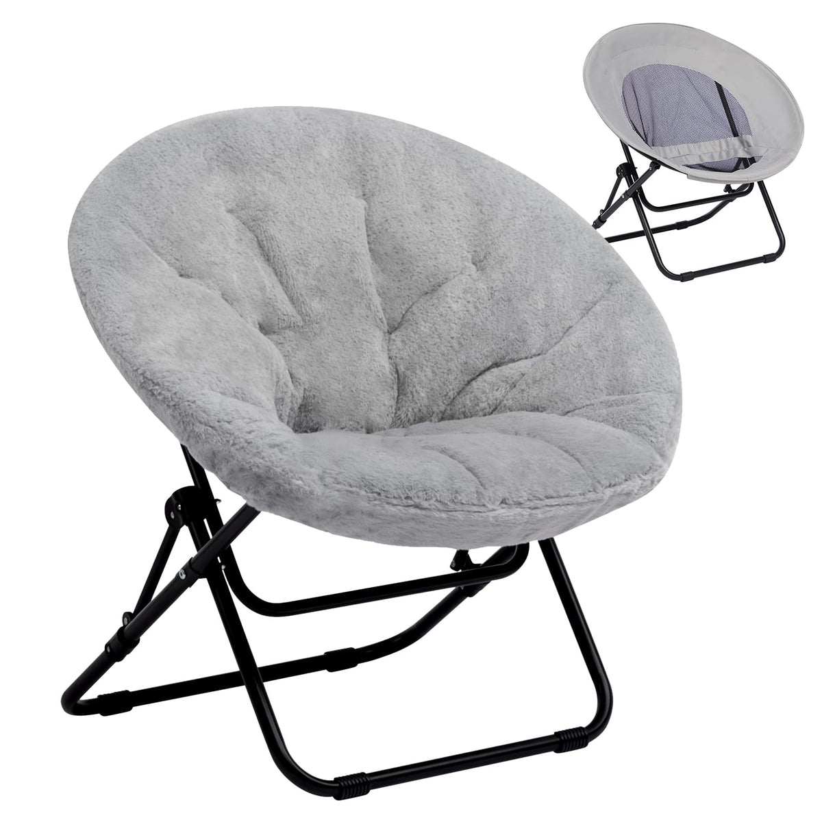 HollyHOME Folding Armchair, Round Folding Chair, Living Room, Wing Chair, Round Lounge Chair, Moon Chair, Relaxing Chair, Cosy Reading Chair, Bedroom, Plush, Grey